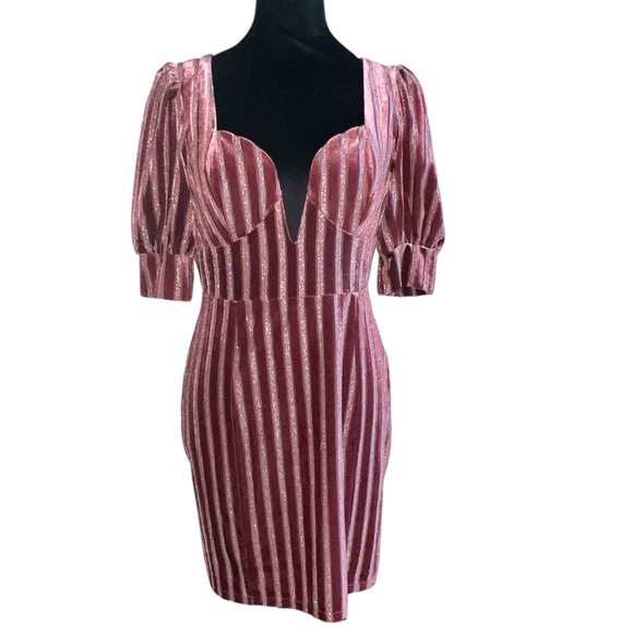 Nasty Gal Pink Velvet Glitter Stripe Mini Dress Puff Sleeve Size 4 New With Tags - Picture 1 of 8
